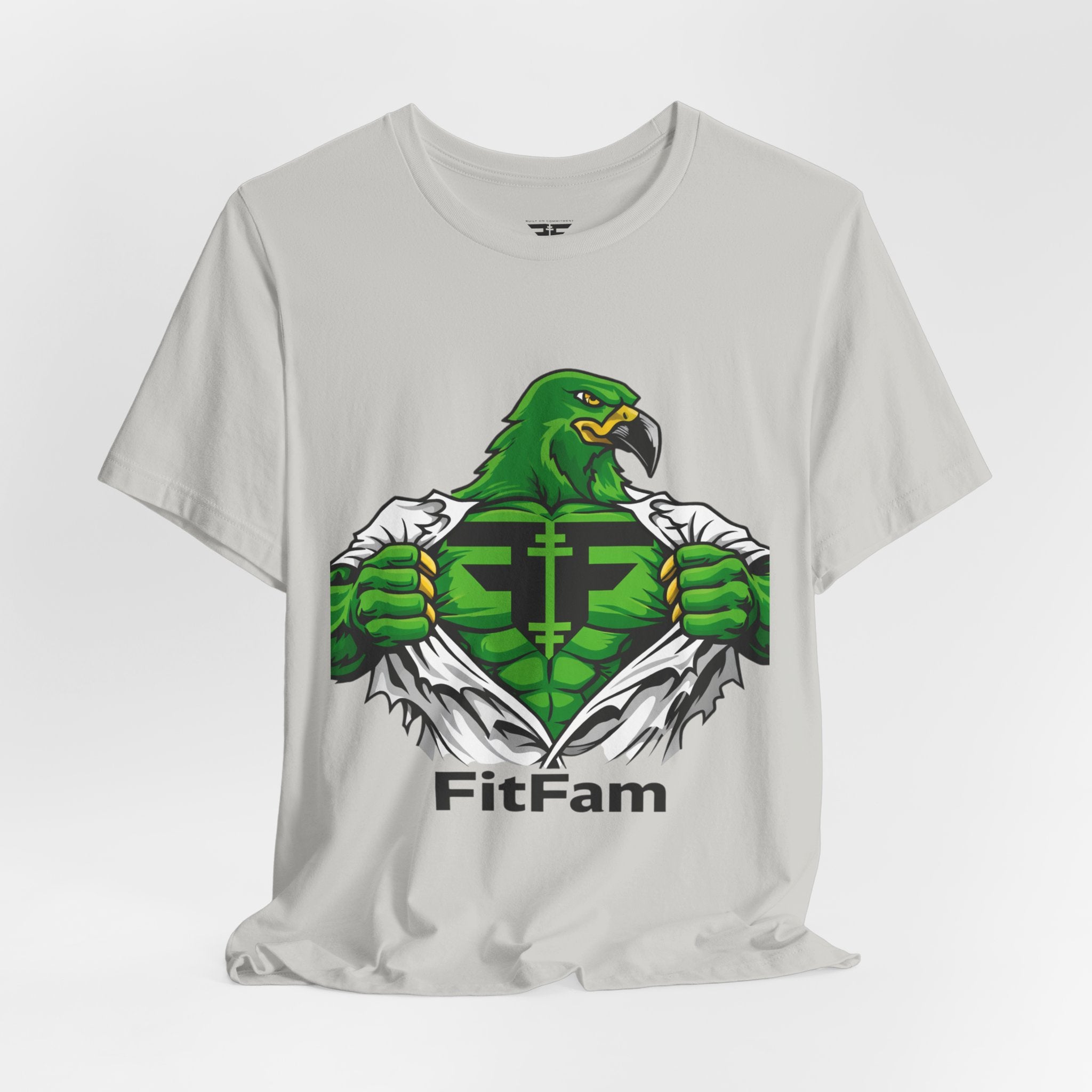 FitFam Workout Tee — Green Hawk Chest-Open Muscle Graphic T-Shirt