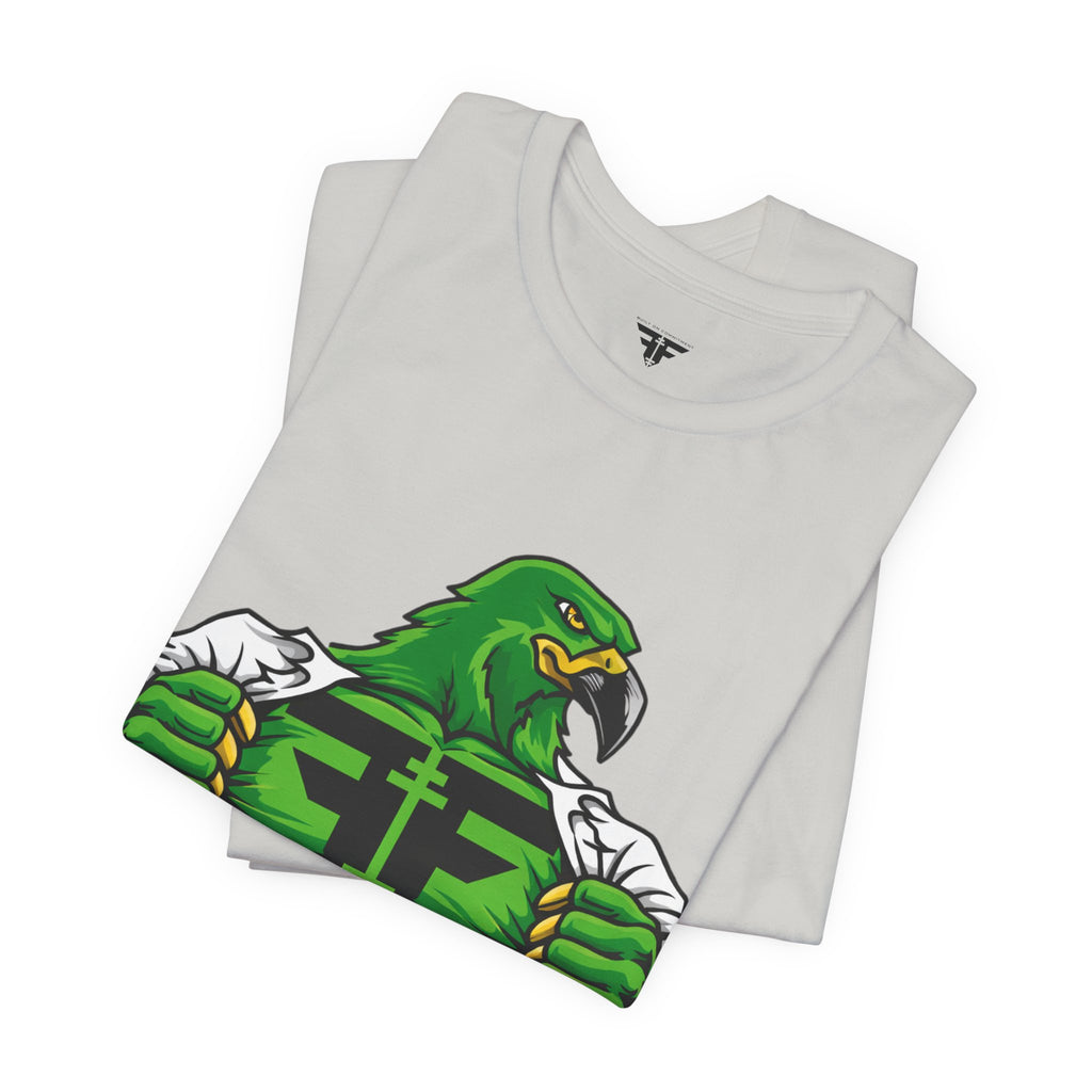 FitFam Workout Tee — Green Hawk Chest-Open Muscle Graphic T-Shirt