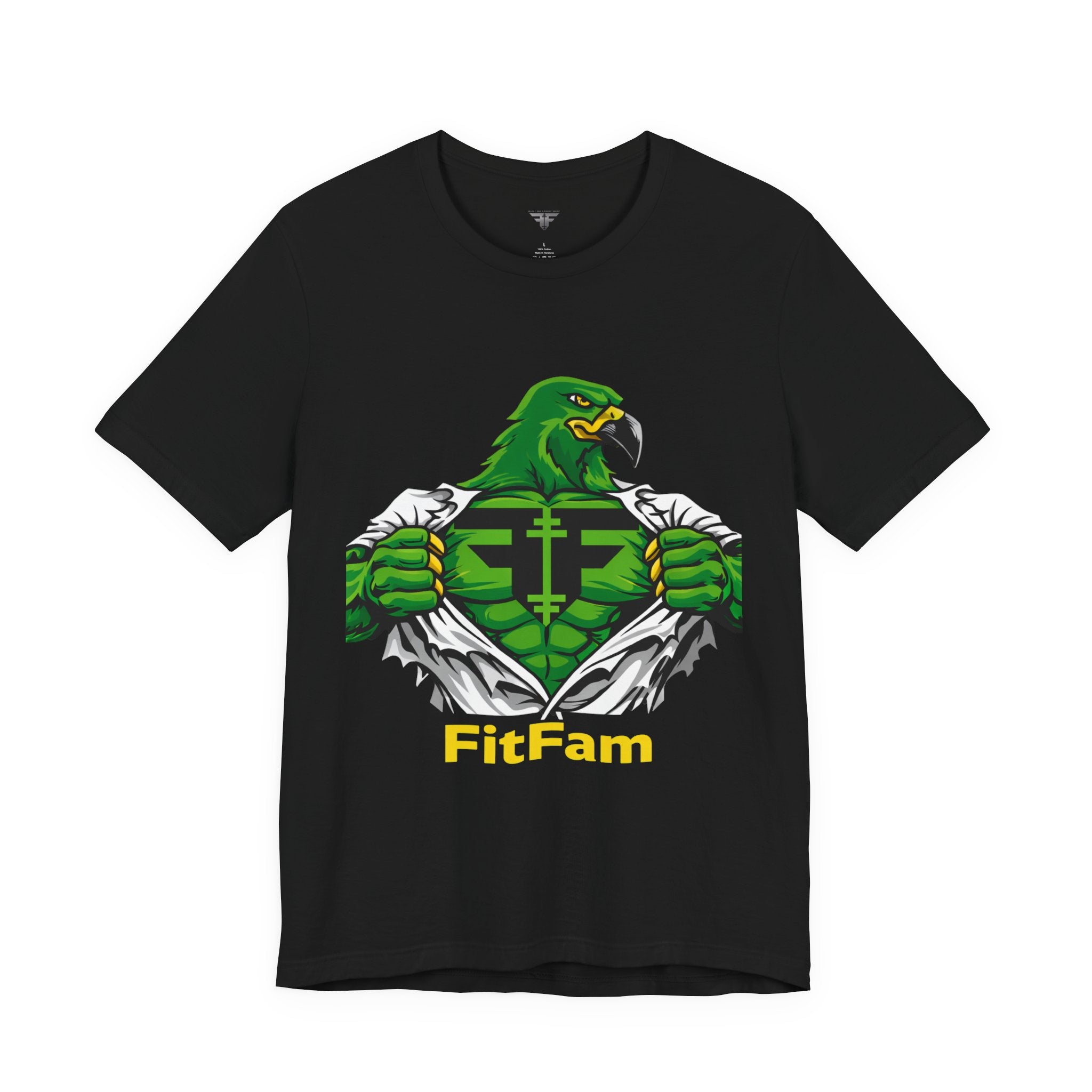 FitFam Workout Tee — Green Hawk Chest-Open Muscle Graphic T-Shirt